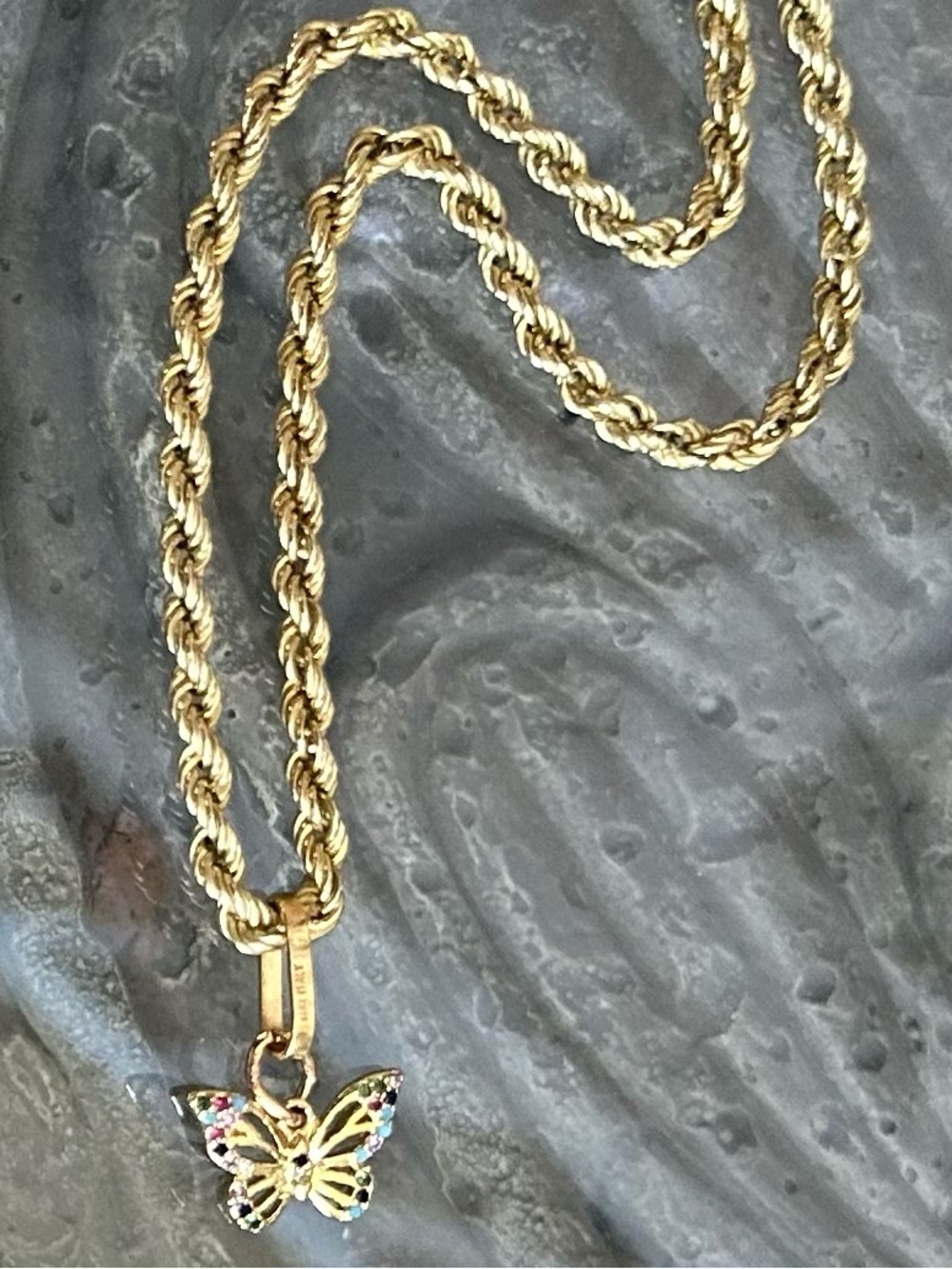 Solid 14k rope chain necklace with gemstone charm 18”